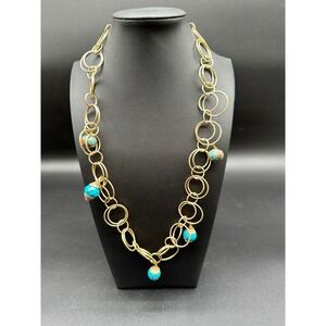 Gold Tone Chunky Link Necklace with Turquoise and Cloisonne Beads Statement
